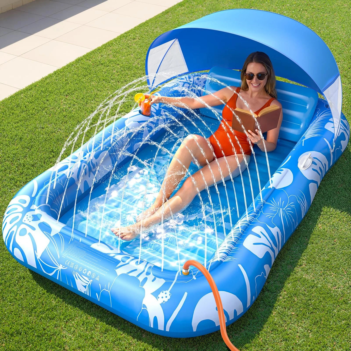 Inflatable Tanning Pool Lounger Float with Sprinkler & Canopy (77")