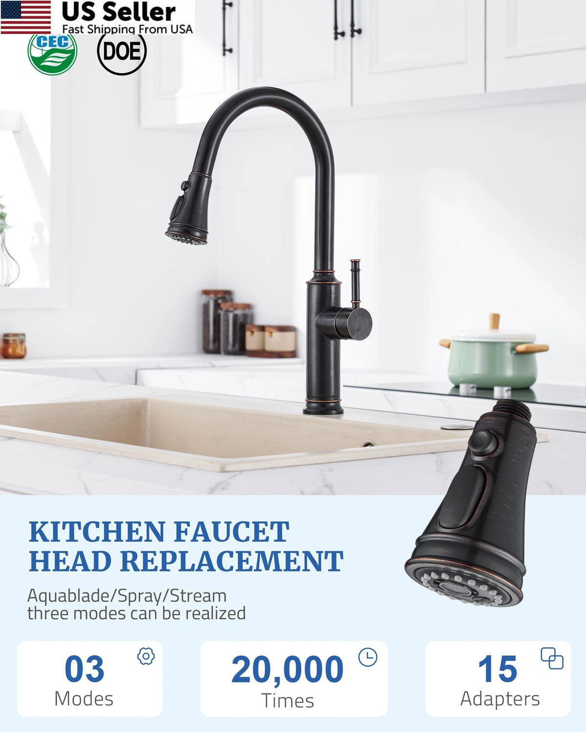 Replacement Spray Head for Kitchen Faucet with 15 Adapters, Oil Rubbed Bronze