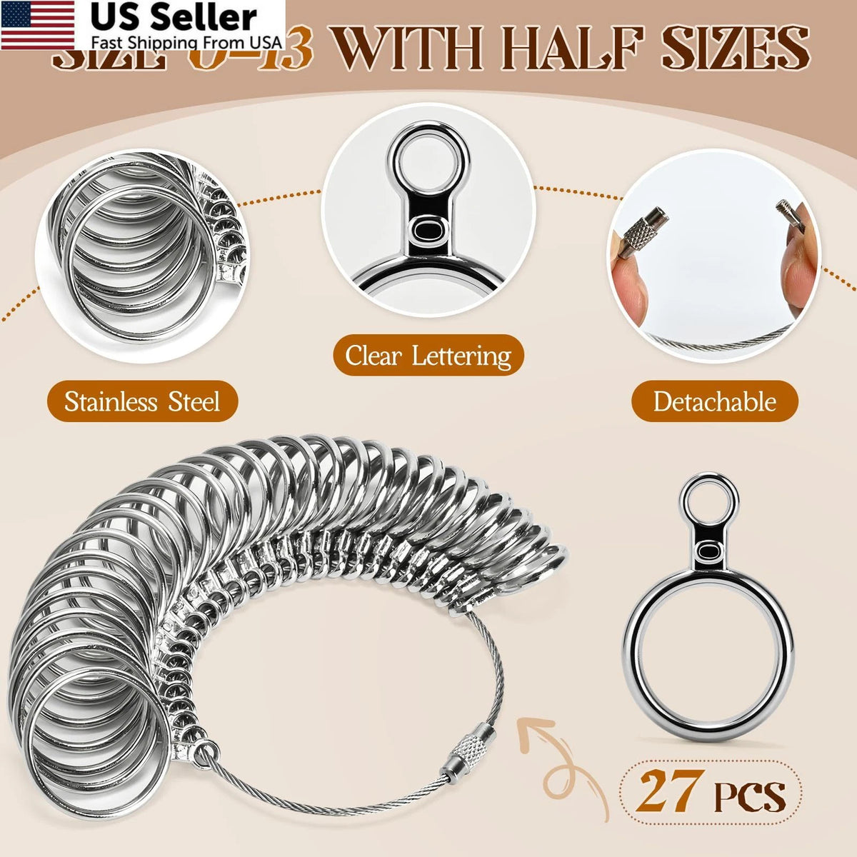 27-Piece Ring Sizer Measuring Tool Kit - US Silver