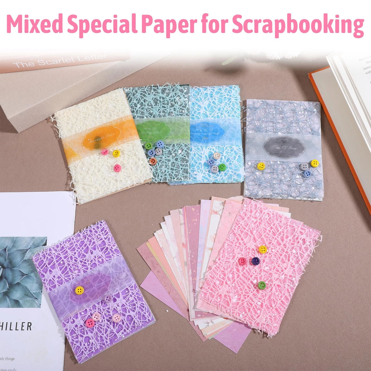 Set of 156 Textured Scrapbook Paper Sheets and Mesh Fabric Assorted