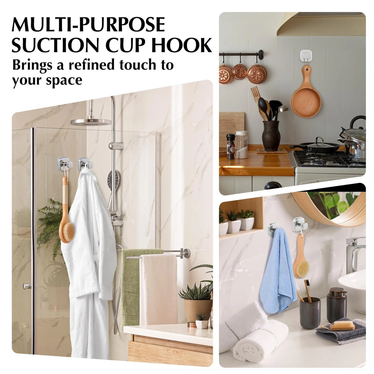 Set of 4 Suction Cup Hooks for Shower - Reusable Chrome Polished