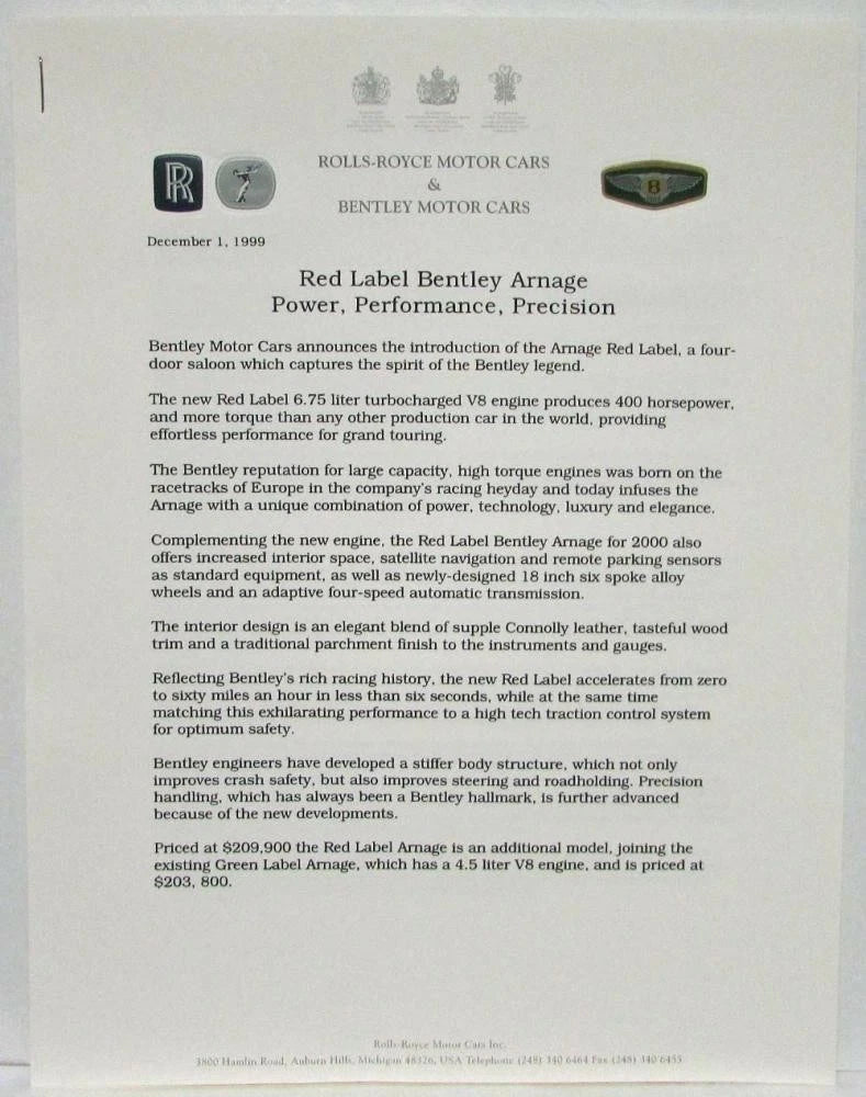 Press Kit for Rolls-Royce & Bentley Arnage (2000)