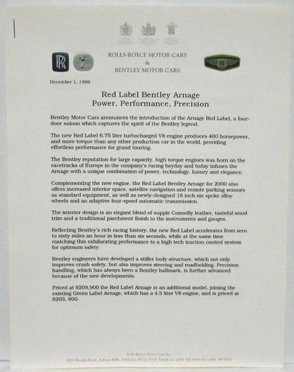 Press Kit for Rolls-Royce & Bentley Arnage (2000)