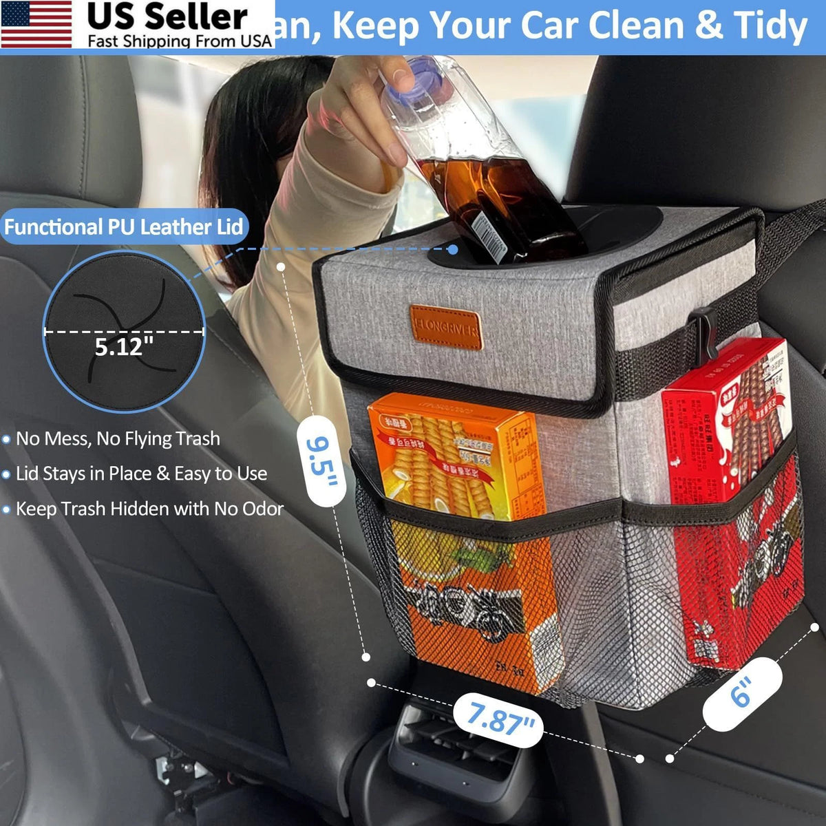 2 Gallon Car Trash Can Bin for Back Seat (Leak Proof, Grey)