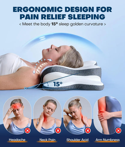 5X Cervical Neck Pillow for Support, Ergonomic Queen, White