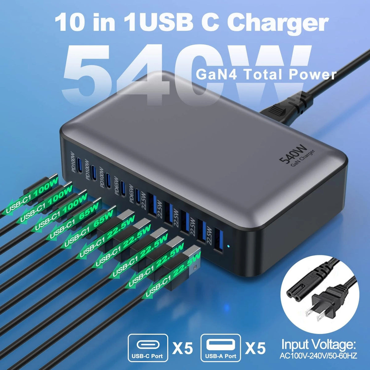10-Port USB C Charger Block for Multi-Device Charging (No Specific Years)