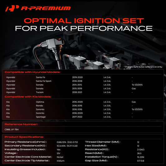 Set of 4 Ignition Coils & 4 Iridium Spark Plugs for Hyundai Sonata (2015–2019) UF-764