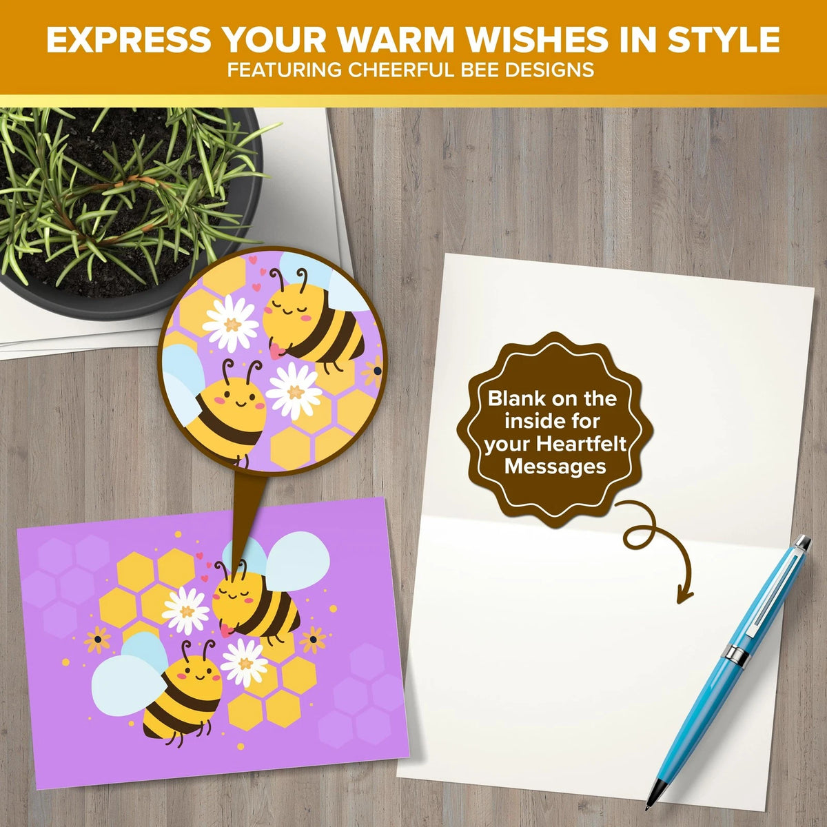 24 Pack Bee Note Cards with Envelopes and Stickers - 8 Designs