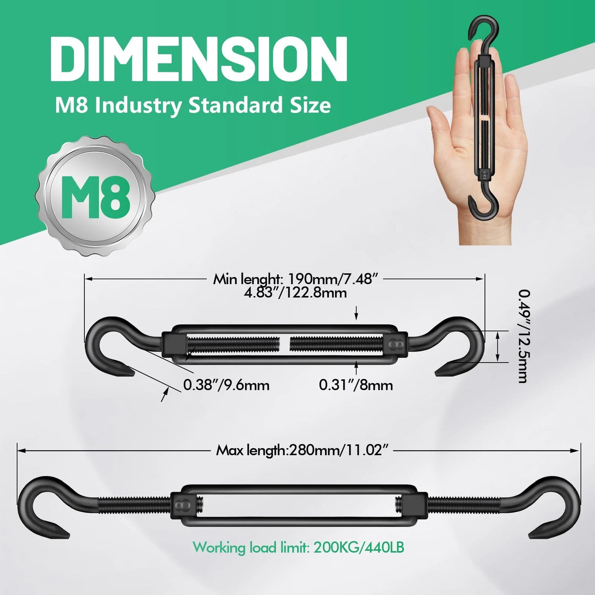 2X M8 Hook & Turnbuckle for Heavy Duty Applications