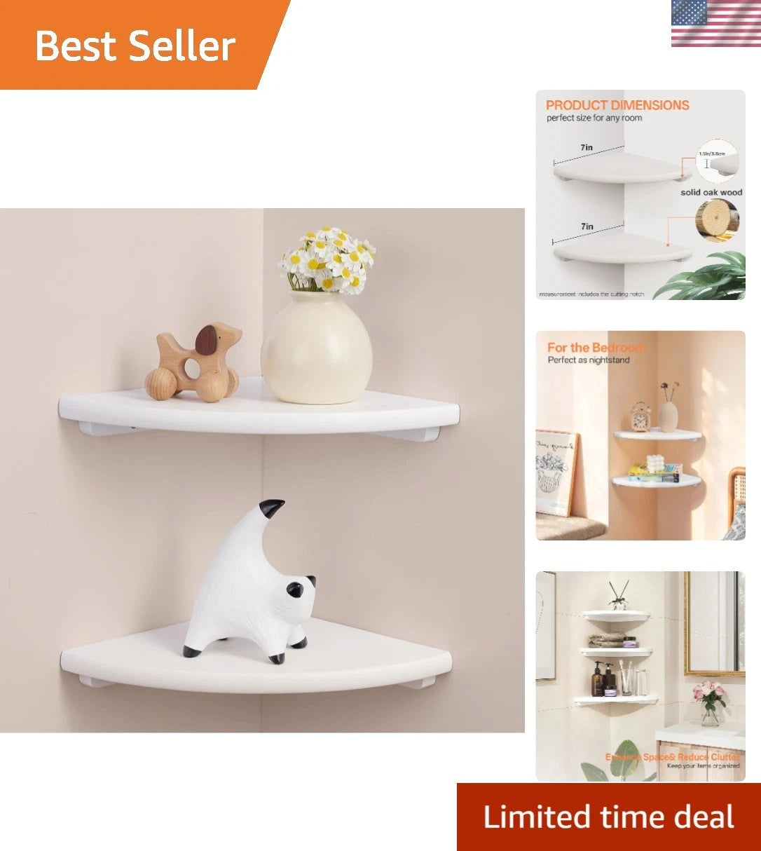 Set of 2 Modern 7in Floating Corner Shelves - Solid Oak, Cable Management