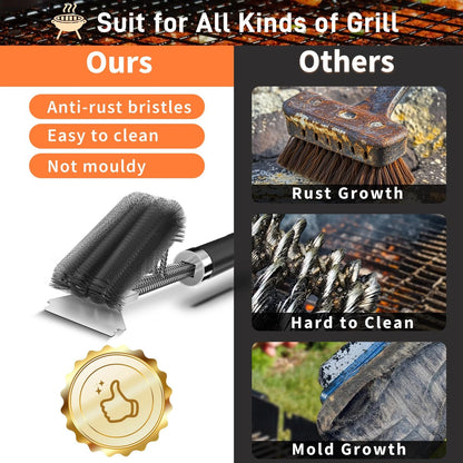 Grill Brush and Scraper for BBQ (Adjustable Handle, 3-Branch, Matte Black)