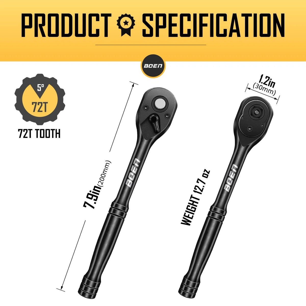 3/8 Inch Drive Ratchet for Universal Use (72-Tooth, Quick-Release, 5-Degree Swing)