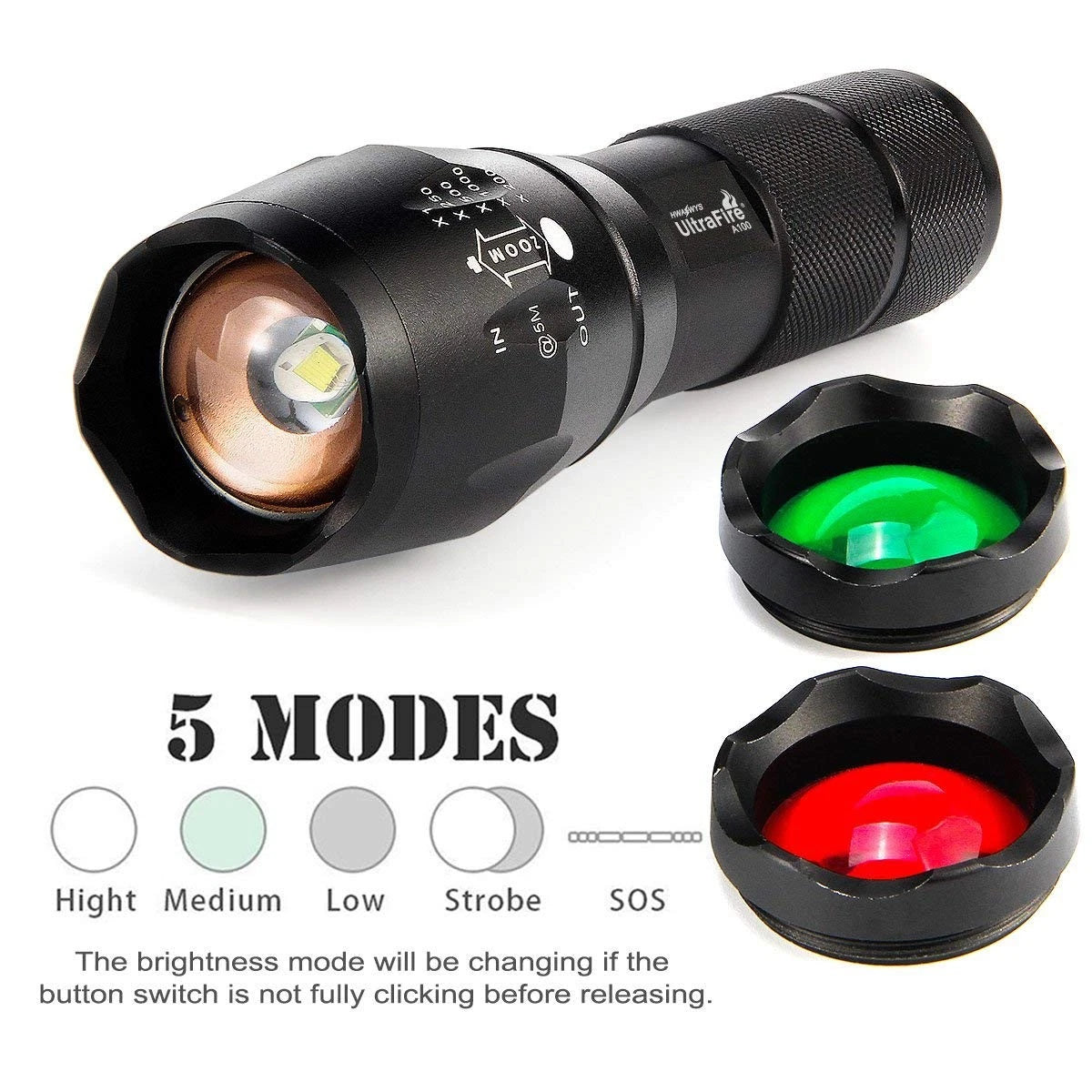 ULTRAFIRE A100 Tactical Flashlight 800 Lumens LED Zoomable Black