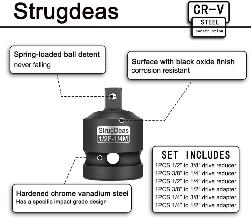 6 Piece Impact Socket Adapter and Reducer Set 1/4", 3/8", 1/2"