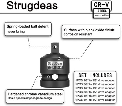 6 Piece Impact Socket Adapter and Reducer Set 1/4", 3/8", 1/2"