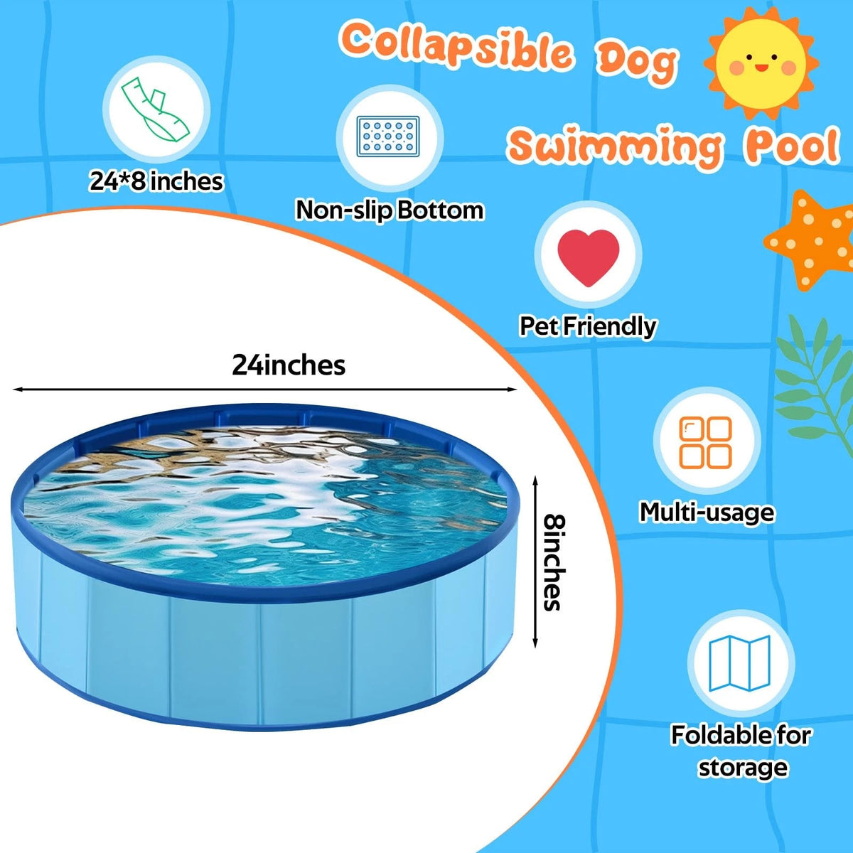 Foldable Dog Pool for Pets (24 x 8) - Portable Hard Plastic with Storage Bag