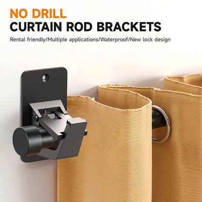 Universal Curtain Rod Holders, No Drill Brackets, Set of 2, Black