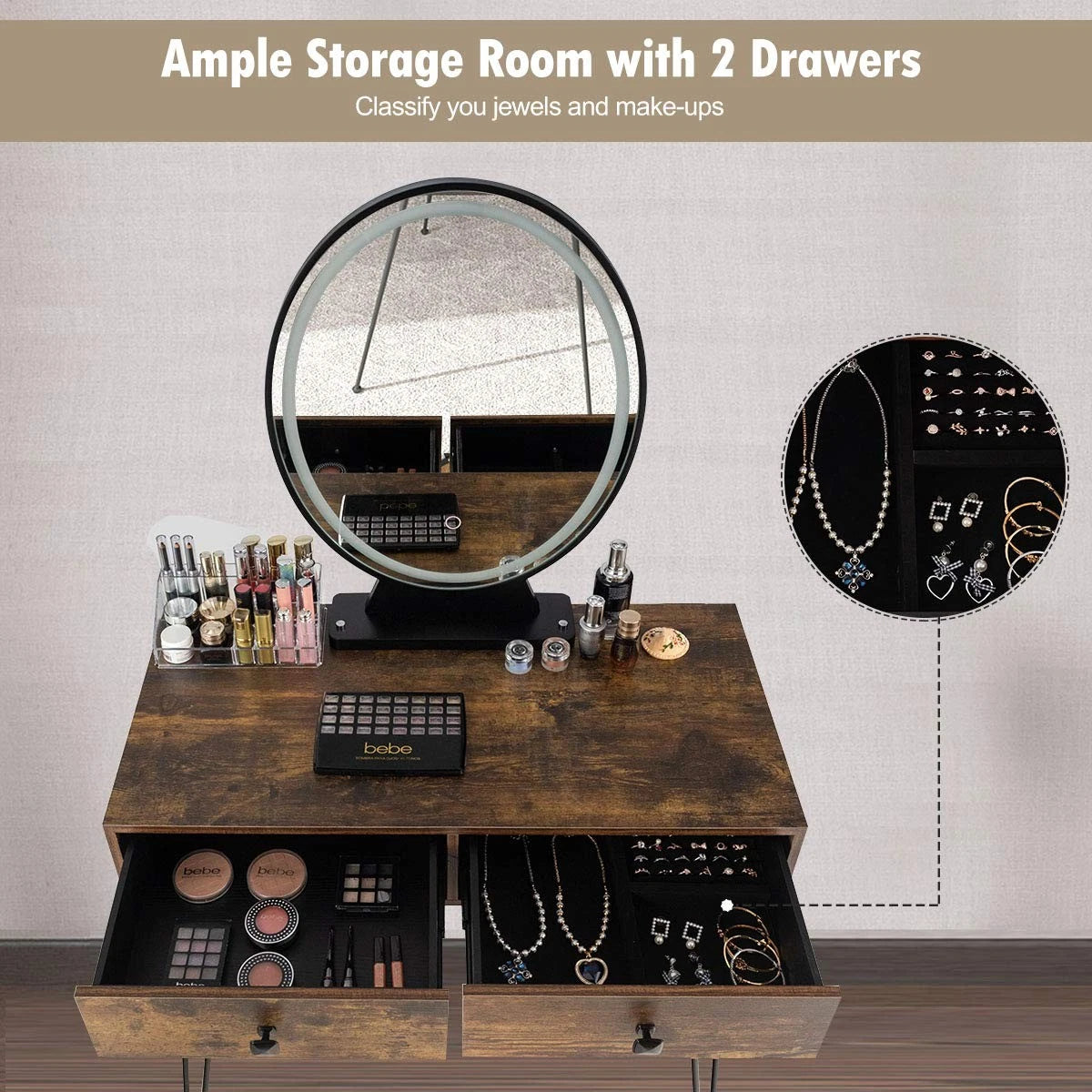 Makeup Vanity Table with Lighted Mirror, 3 Lighting Sets, Adjustable Brightness