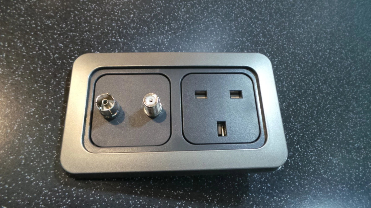 3 Pin Socket with TV/Satellite Grey Surround for Motorhome/Caravan/Boat