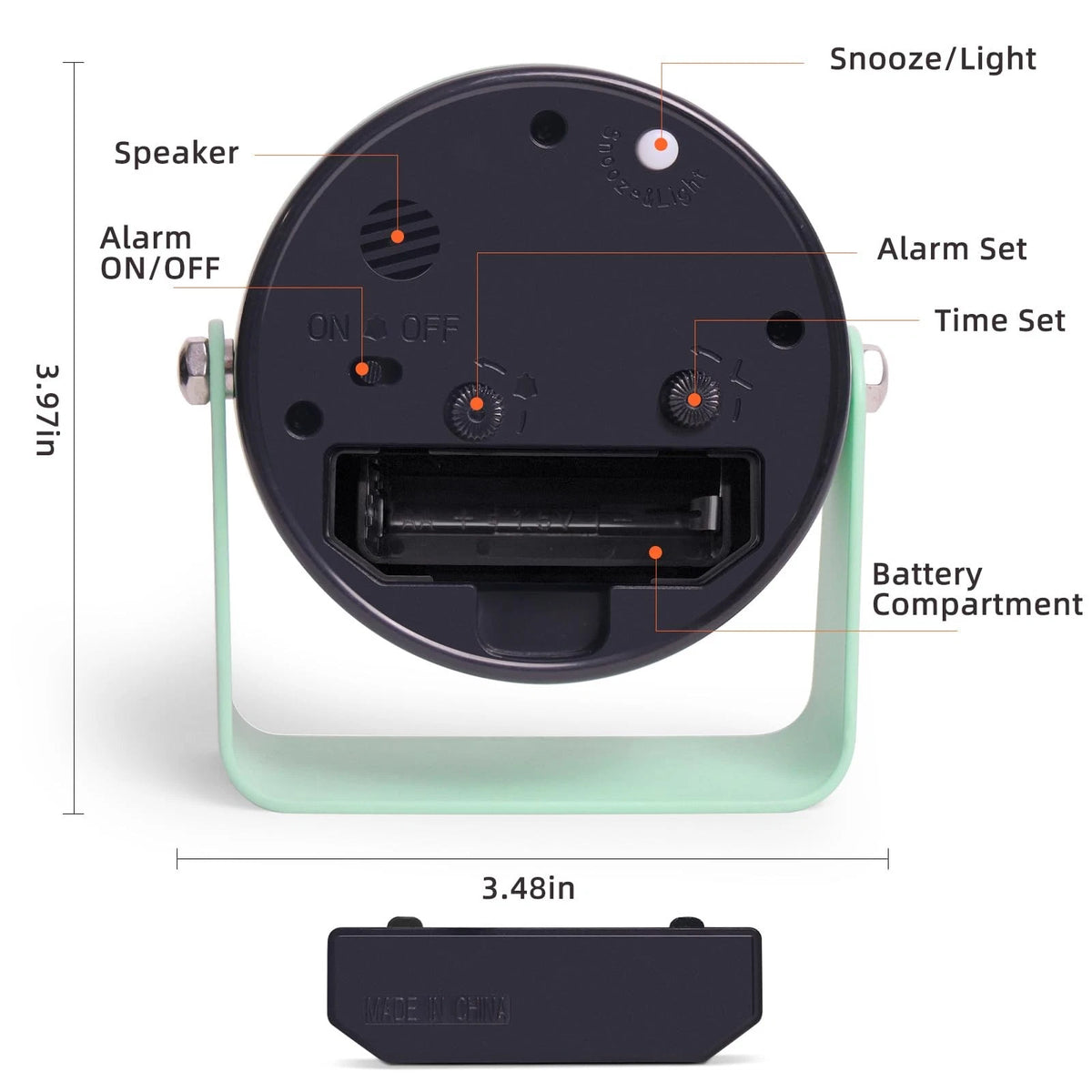 Analog Alarm Clock for Small Space (Silent Non-Ticking, Green)