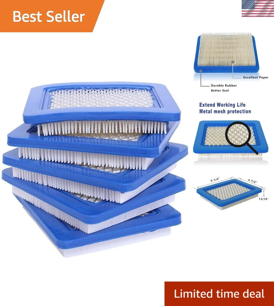 5-Pack Air Filters for Lawn Mower (Rectangle Shape)