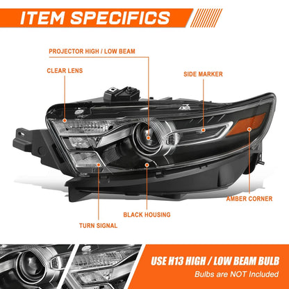 Left Side Projector Headlight for Ford Taurus 2013–2019 - Black/Amber
