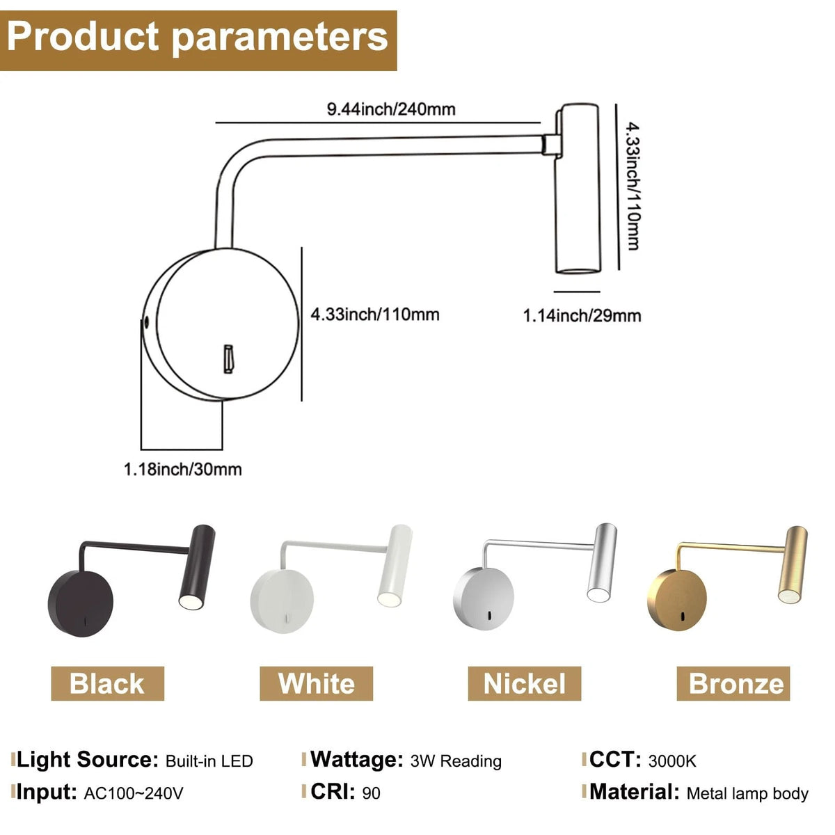 LED Wall Mounted Reading Light for Bedroom (Hardwired Sconce)