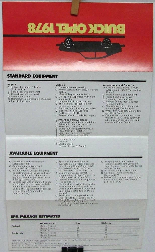 Buick Opel Interior Exterior Colors Specifications Sales Folder (1978)