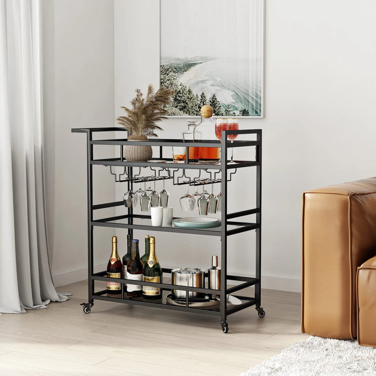 Set of 2 Black Metal Bar Carts with 3 Tier Glass Shelves