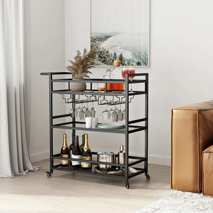Set of 2 Black Metal Bar Carts with 3 Tier Glass Shelves