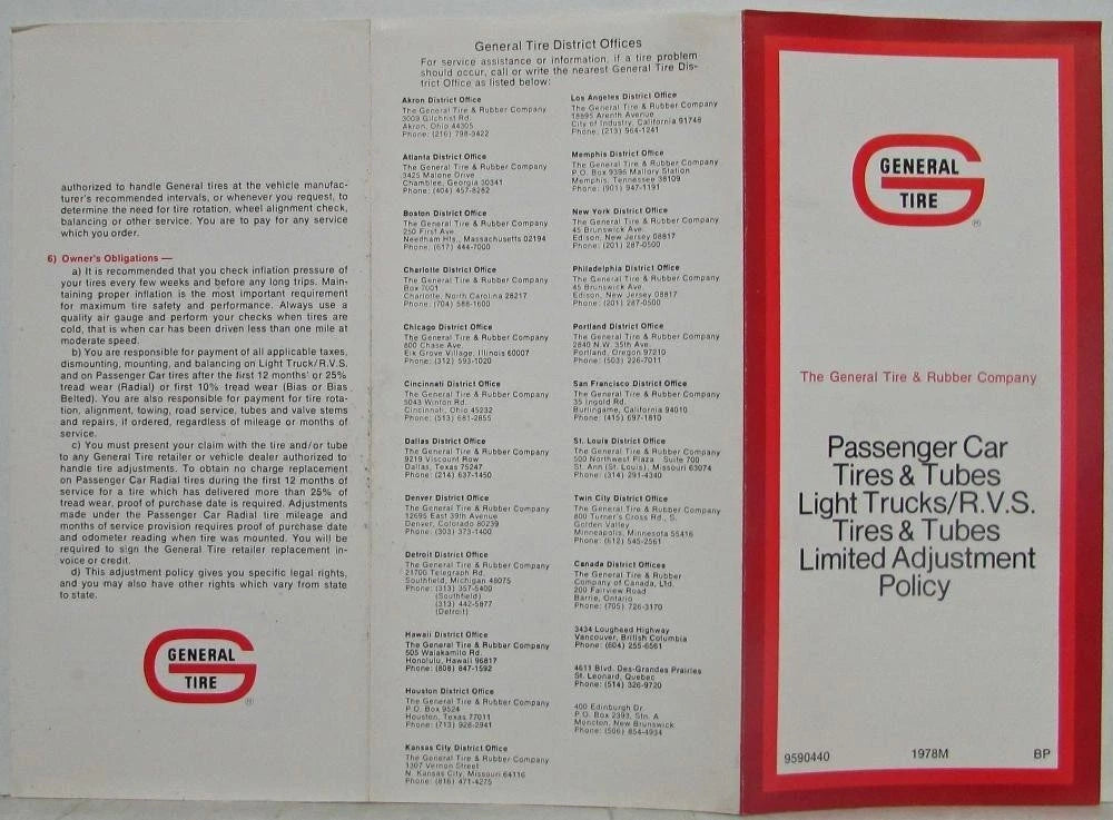 Tires and Tubes for General Tire Car Light Trucks RVs (1978)