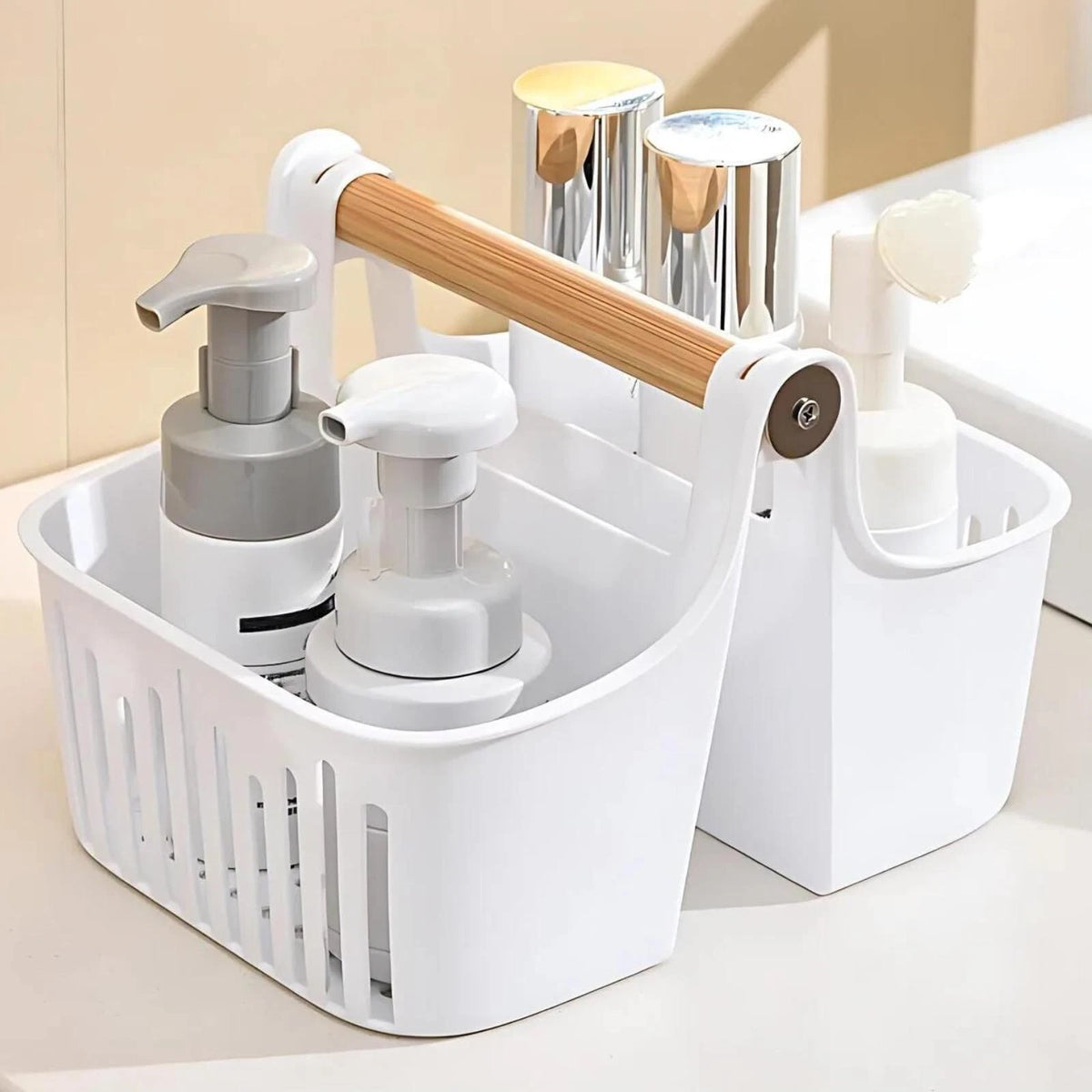 Portable Shower Caddy Organizer with Bamboo Handle for Toiletries