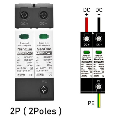 DC SPD Surge Protector for PV Systems 100V-1000V, 2-Pole 40kA T2