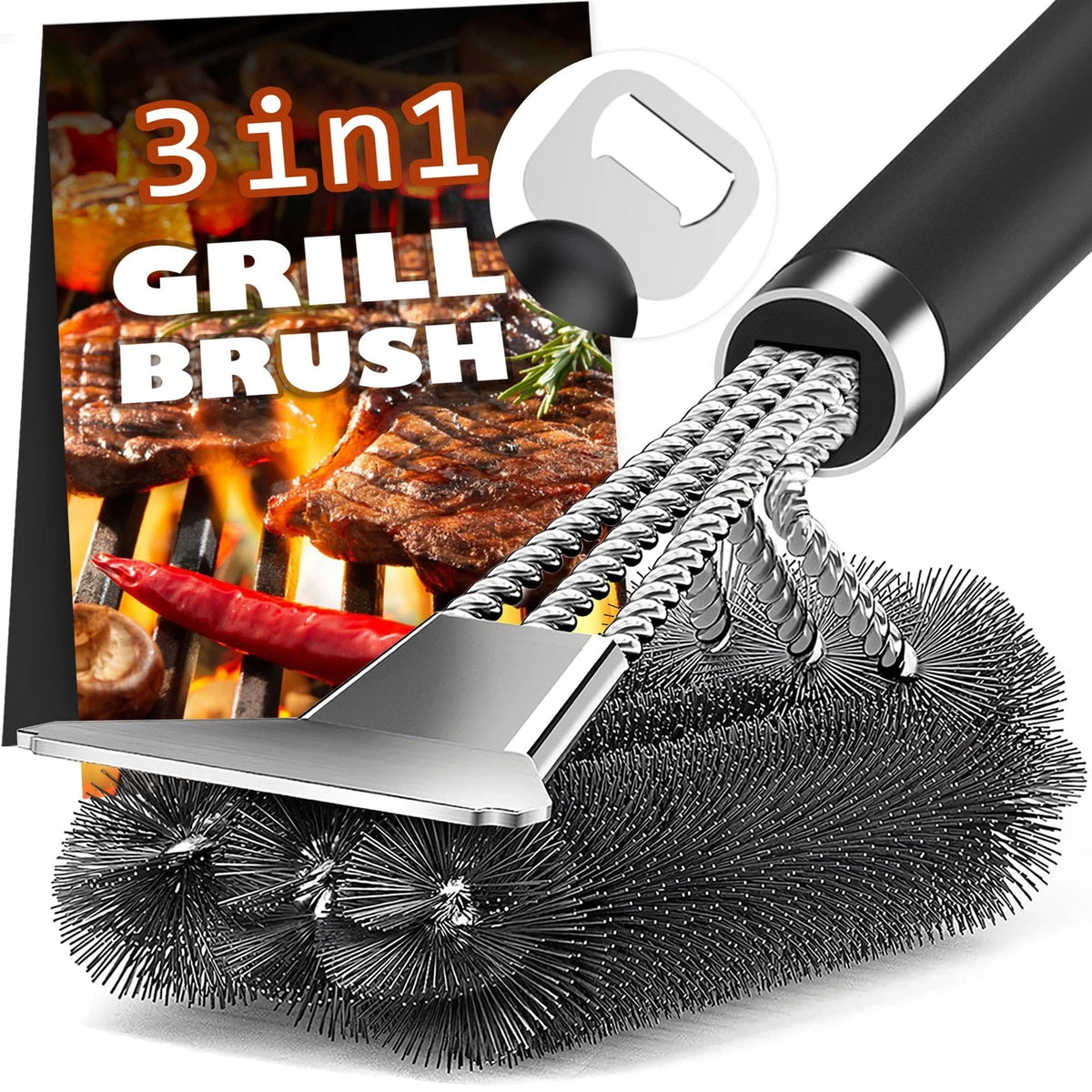 Grill Brush and Scraper for BBQ (Adjustable Handle, 3-Branch, Matte Black)