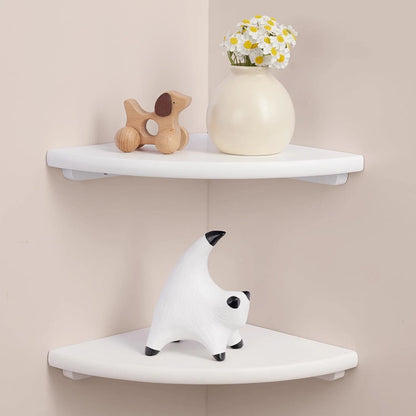 Set of 2 Modern 7in Floating Corner Shelves - Solid Oak, Cable Management