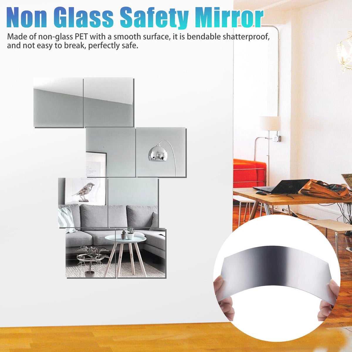 24X Mirror Reflective Wall Sticker Self Adhesive Tile Film Home Decor