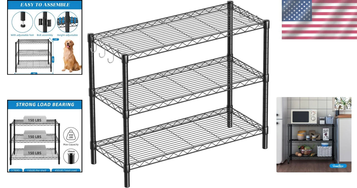 3-Tier Black Powder-Coated Wire Shelving Unit for Home & Office