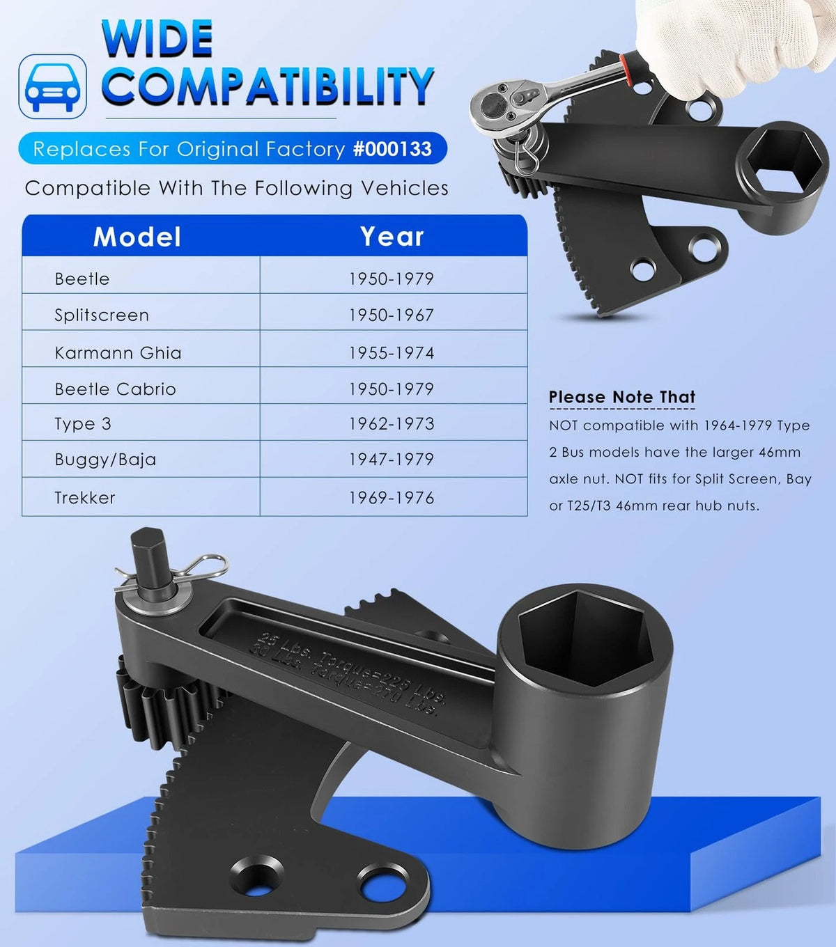 Torque Leverage Tool for VW Bug Beetle (36mm Axle Nut, Flywheel Gland Nut)