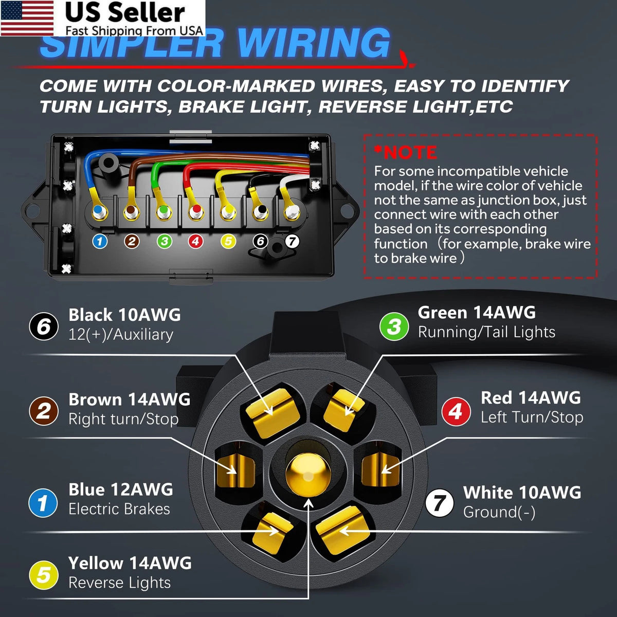 7 Way Plug Inline Trailer Cord for MICTUNING (12FT)