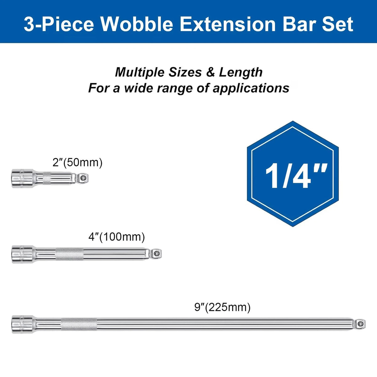 3X 1/4 Inch Drive Wobble Extension Set for Universal Use