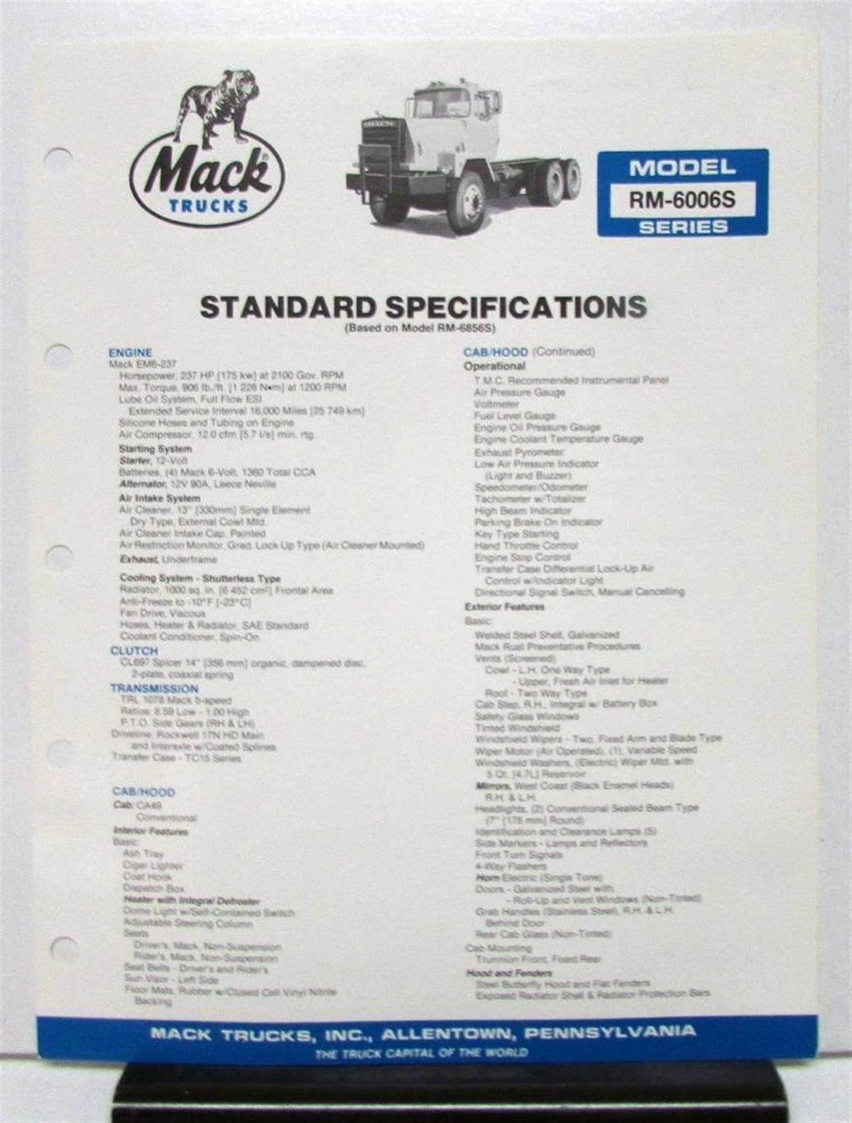 Mack Truck Model RM 6006S Specification Sheet (1985)