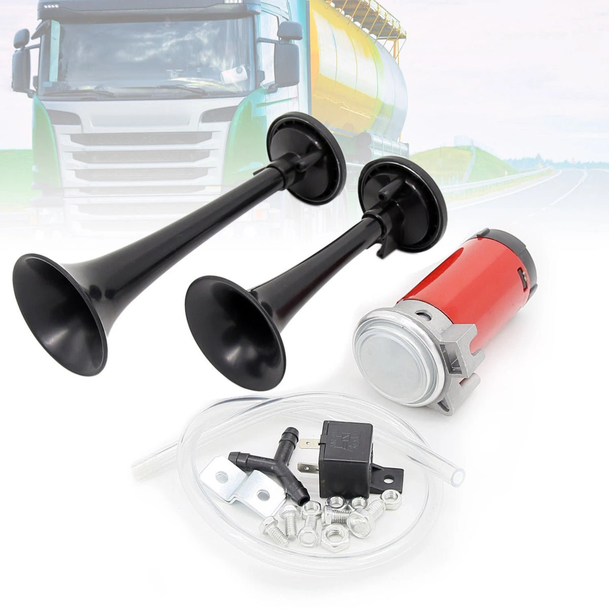 2X 12V 130DB Loud Dual Trumpet Air Horn Compressor Kit for Car Truck EH0003