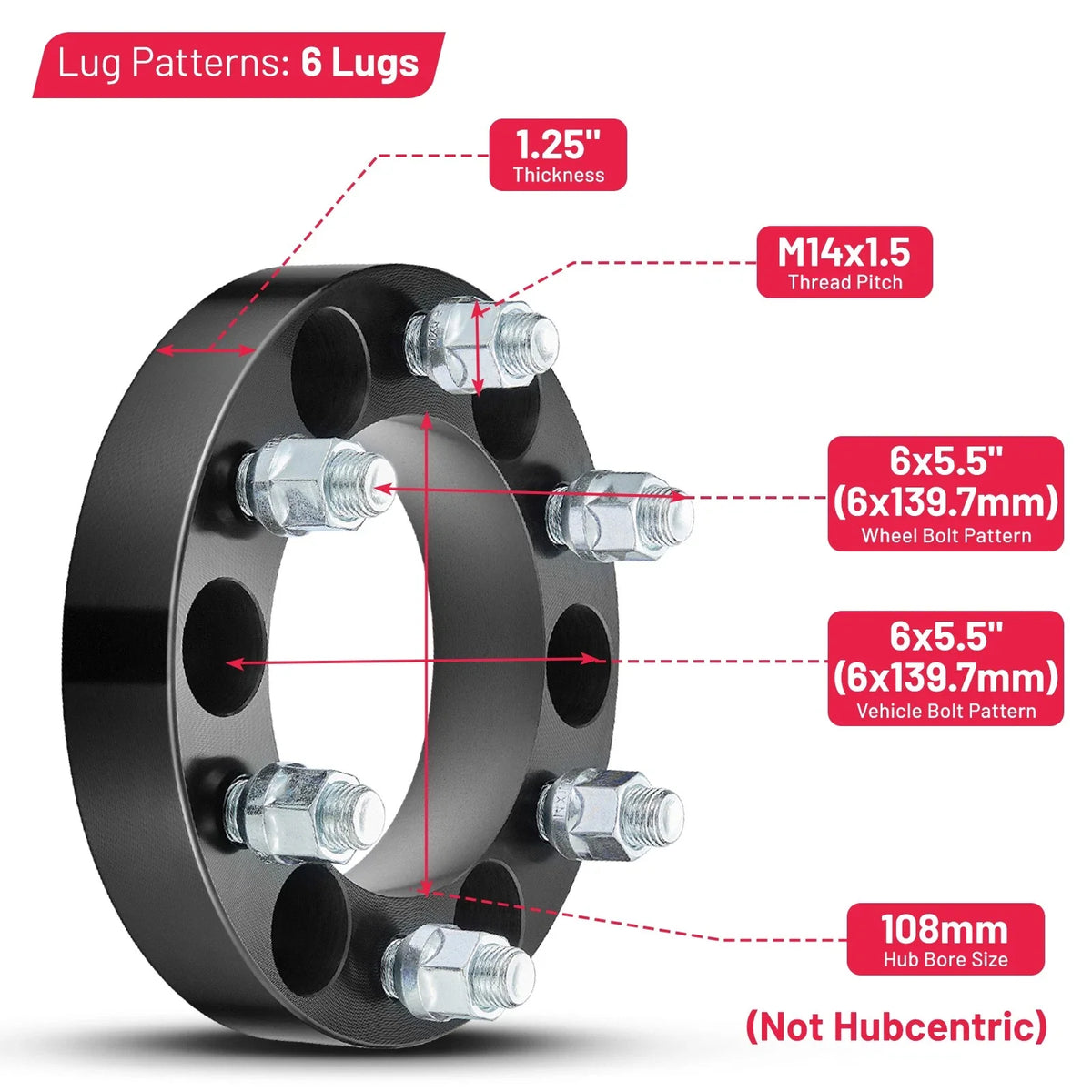 Set of 4 Wheel Spacers 1.25" 6X5.5 14x1.5 for Chevy Silverado Sierra (2007–2023)
