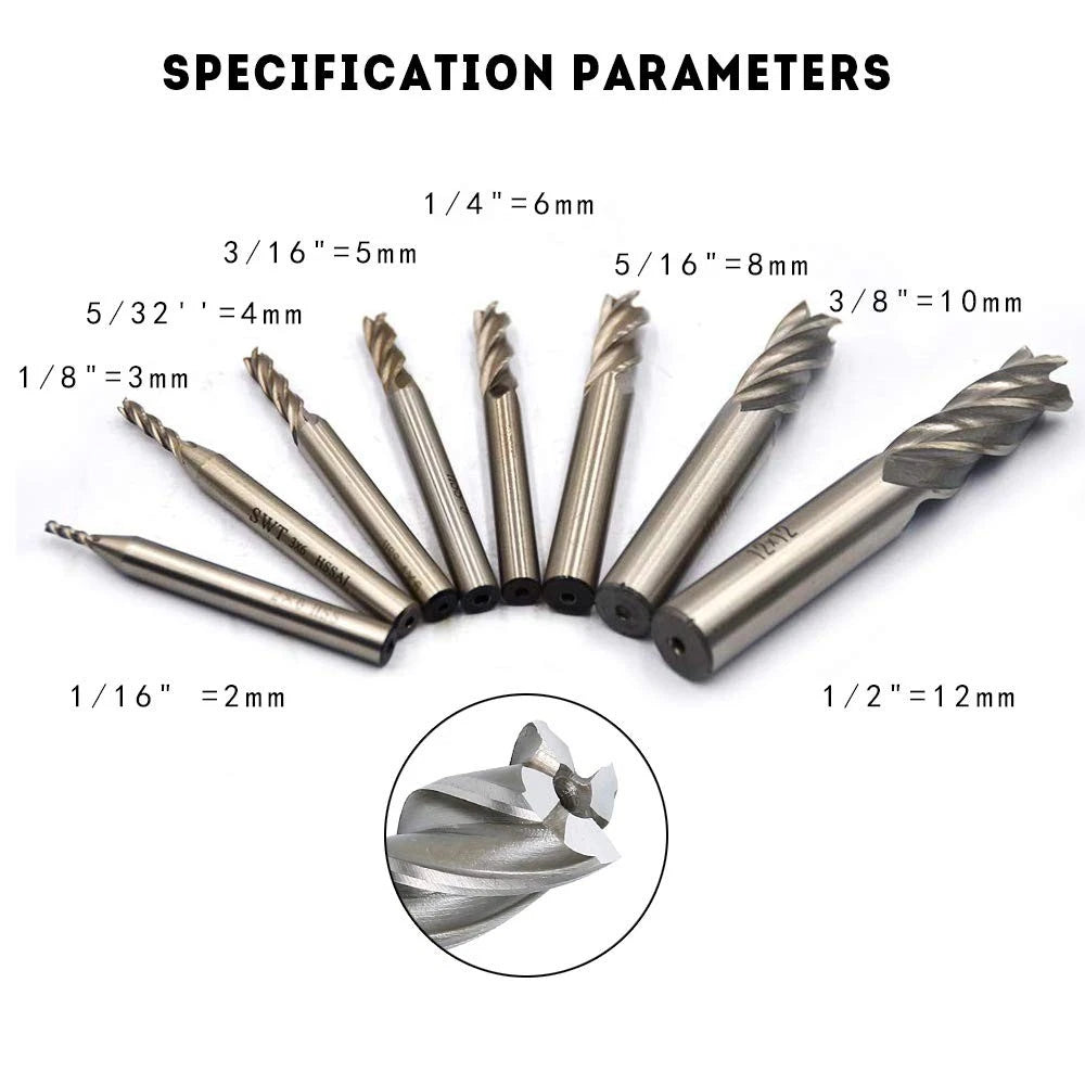 8Pcs End Mill Bits HSS CNC Cutter Set (2mm-12mm)