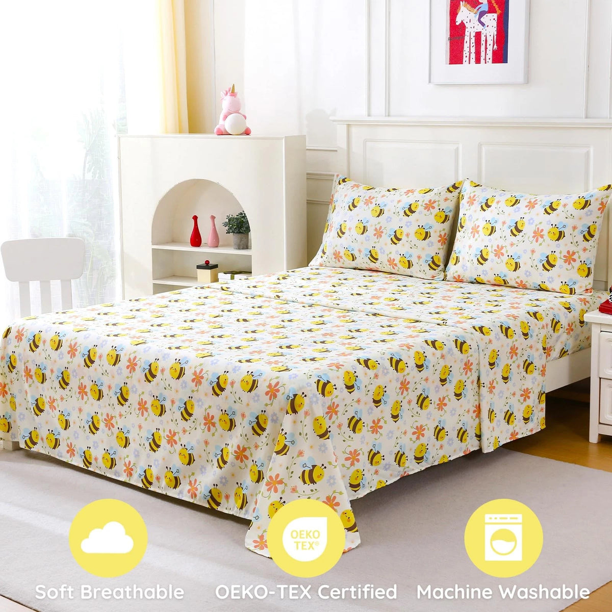 Set of 2 Yellow Bee Twin Sheets for Kids (Soft Microfiber)