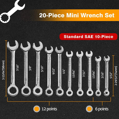 20-Piece Mini Combination Wrench Set for Automotive Use