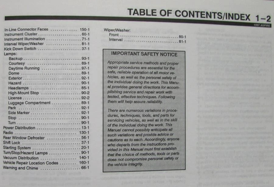 Electrical & Vacuum Troubleshooting Manual for Ford Aspire (1997)