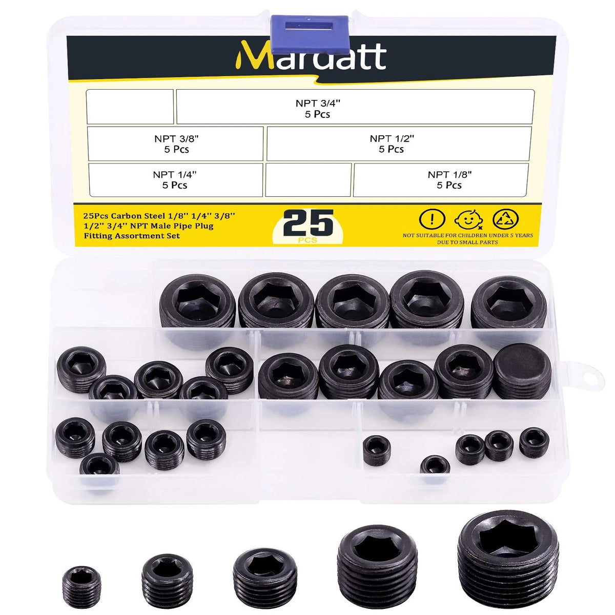 25Pcs NPT Plug Set for Various Applications (1/8, 1/4, 3/8, 1/2, 3/4 inch)