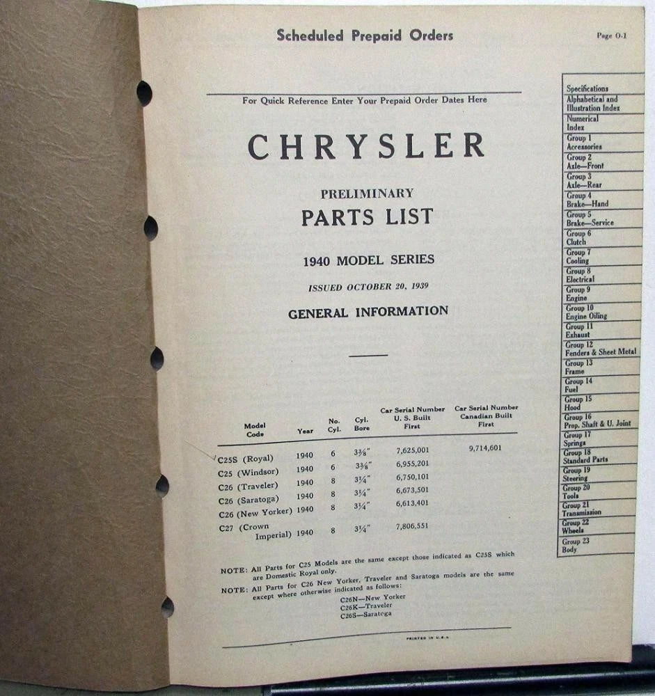 Preliminary Parts List Book for Chrysler C25 C26 C27 Royal Windsor Imperial (1940)