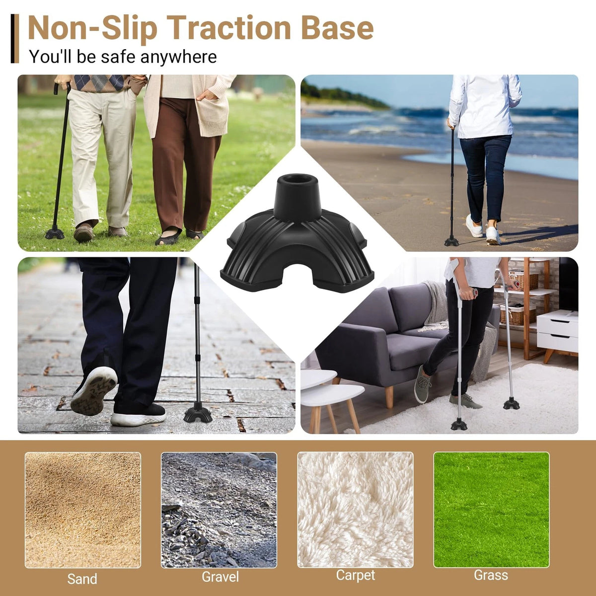 2X Cane Tips for Stability, Self Standing Base (Black)